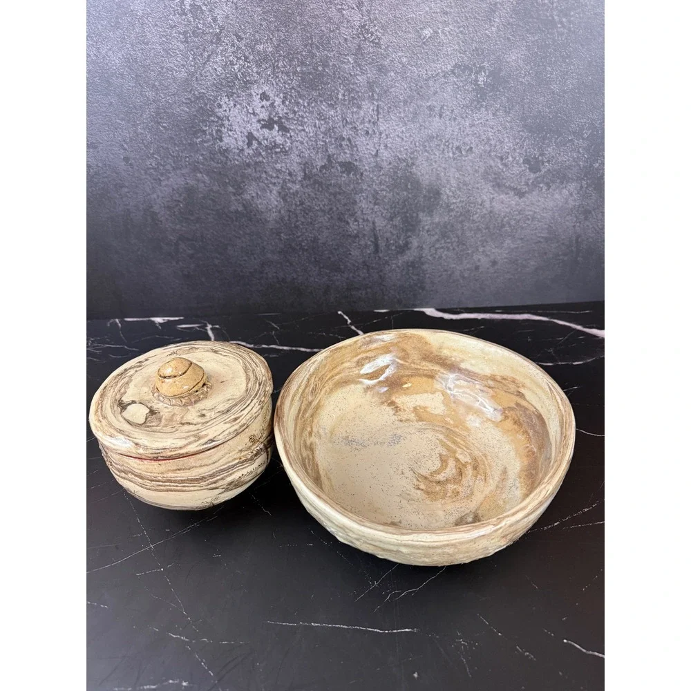 Vintage Handmade‎ Stoneware 2 Piece Bowl Set Rustic Heavy Signed Studio Pottery